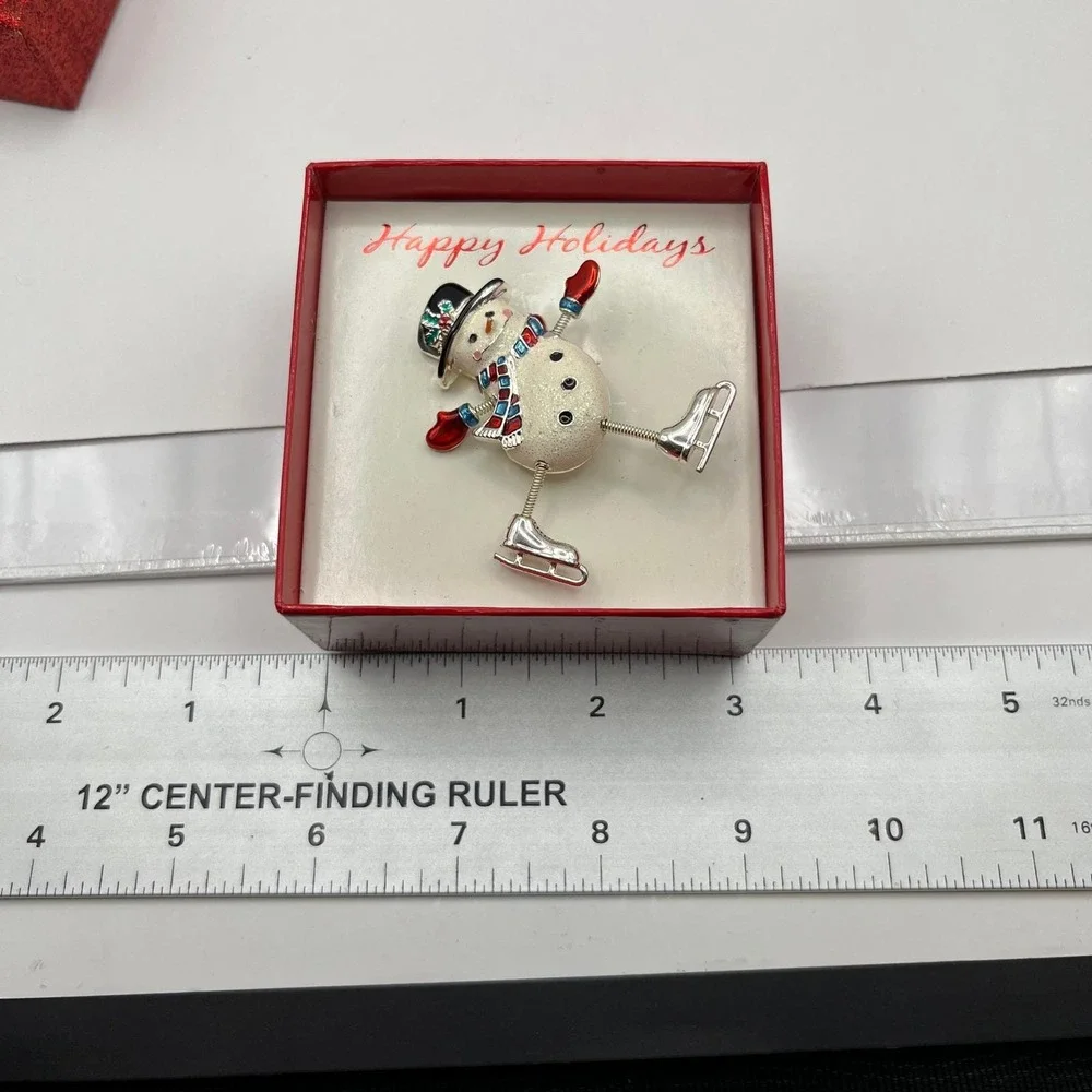 Vintage Sears Christmas Snowman Ice Skater Dangler Pin Brooch Moveable Arms Legs